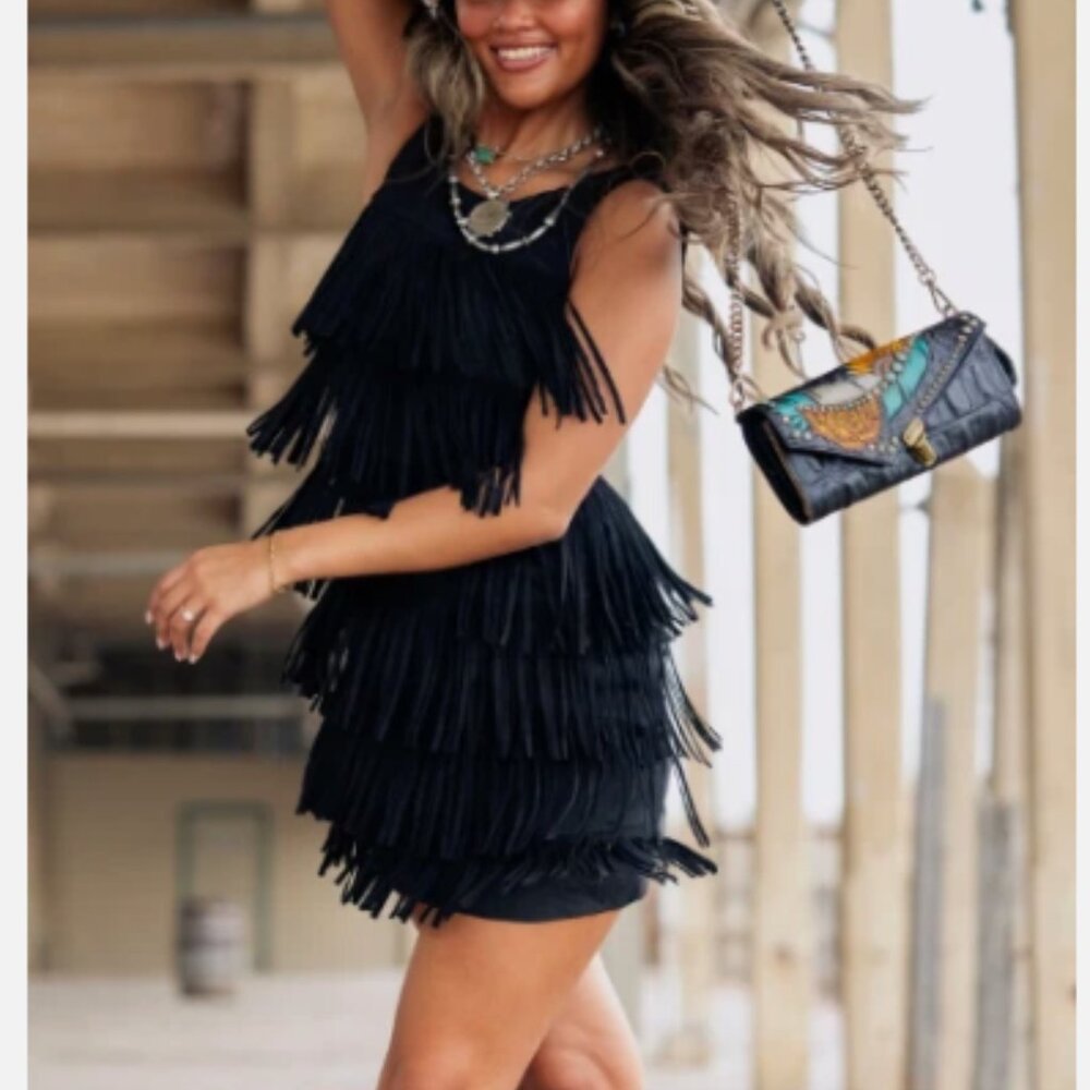 ark & co. Black Short Shift Dress - Fringe Accent Polyester Spandex - Size M - Picture 1 of 4